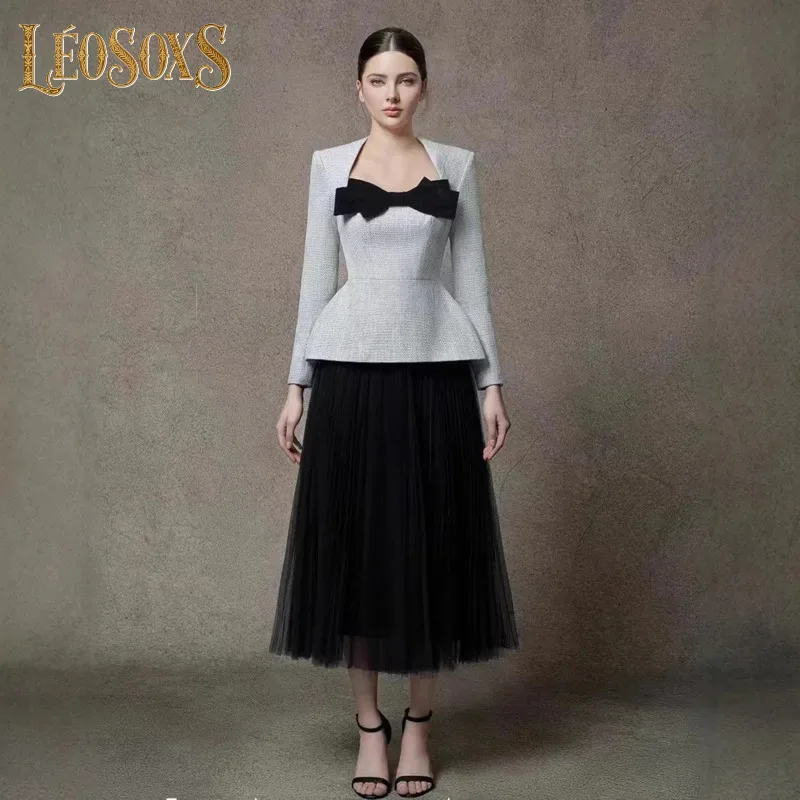 

LEOSOXS Women Dress Set Tweed Peplum Jacket Black Bow Neckline Tulle High Waist Two Piece Evening Party 2025 Autumn New Outfit