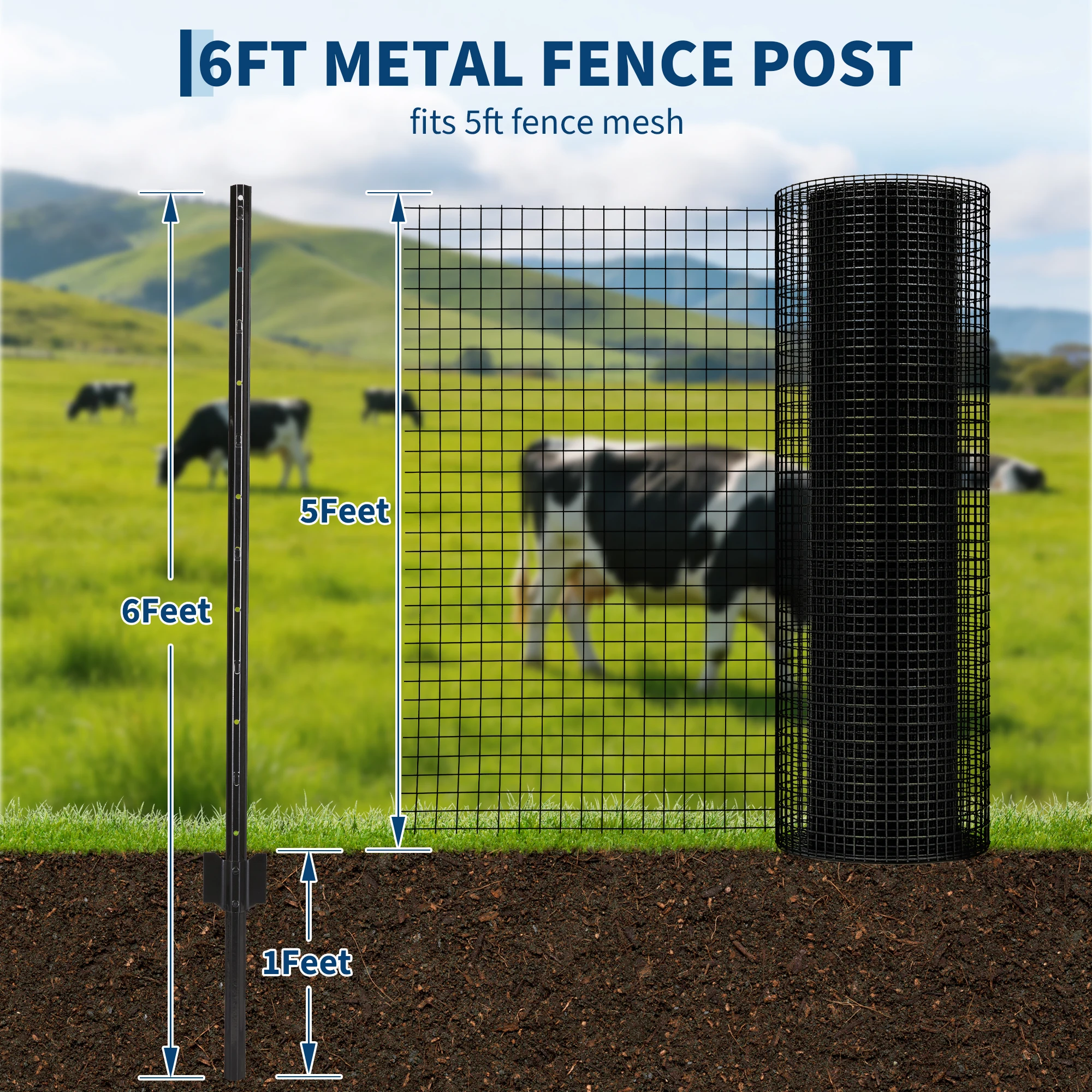 20 Pack 6FT Metal Fence Posts With 100 Zip Ties 40 Clips, U-Channel Garden Fence Stakes For Wire Mesh Farm Temporary Fencing