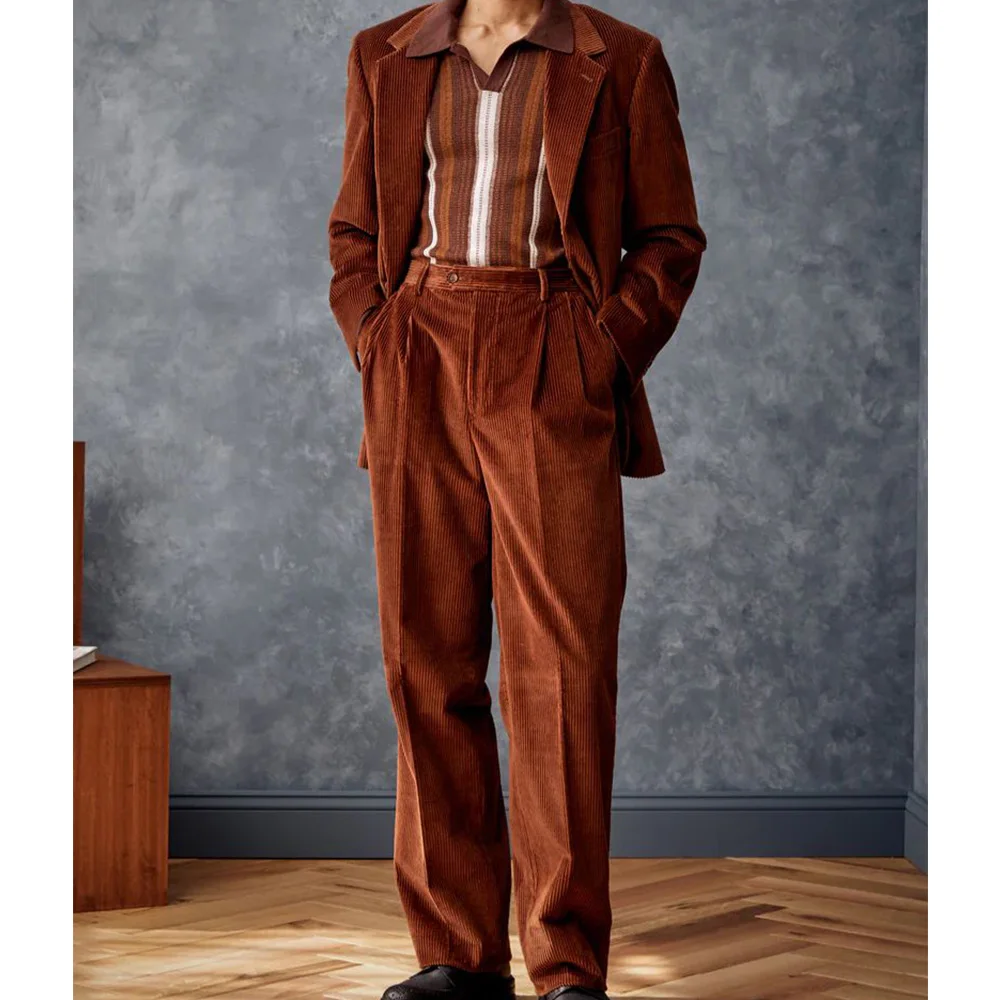

Men Corduroy Suit 2 Piece Set Notch Lapel Single Breasted Slim Fit Comfortable Elegant Business Casual Blazer Pants Outfit Fashi
