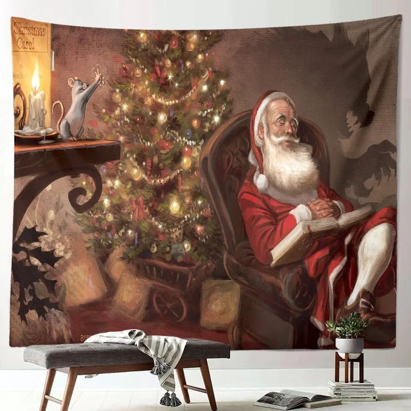VIKAMA Teddy Bear Santa Hat Baubles Tapestry, HD Print Wall Hanging for Bedroom Gift Holiday Home Decor
