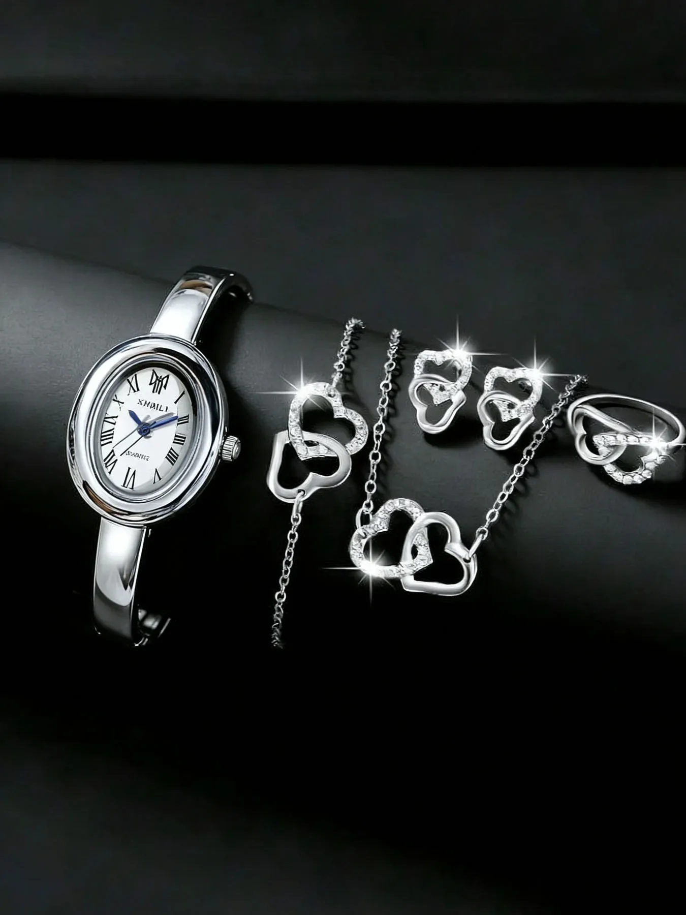Elegant Ladies Silver Roman Dial Quartz Bangle Watch Double Heart Crystal Jewelry Set Wristwatch Female Valentine Birthday Gift