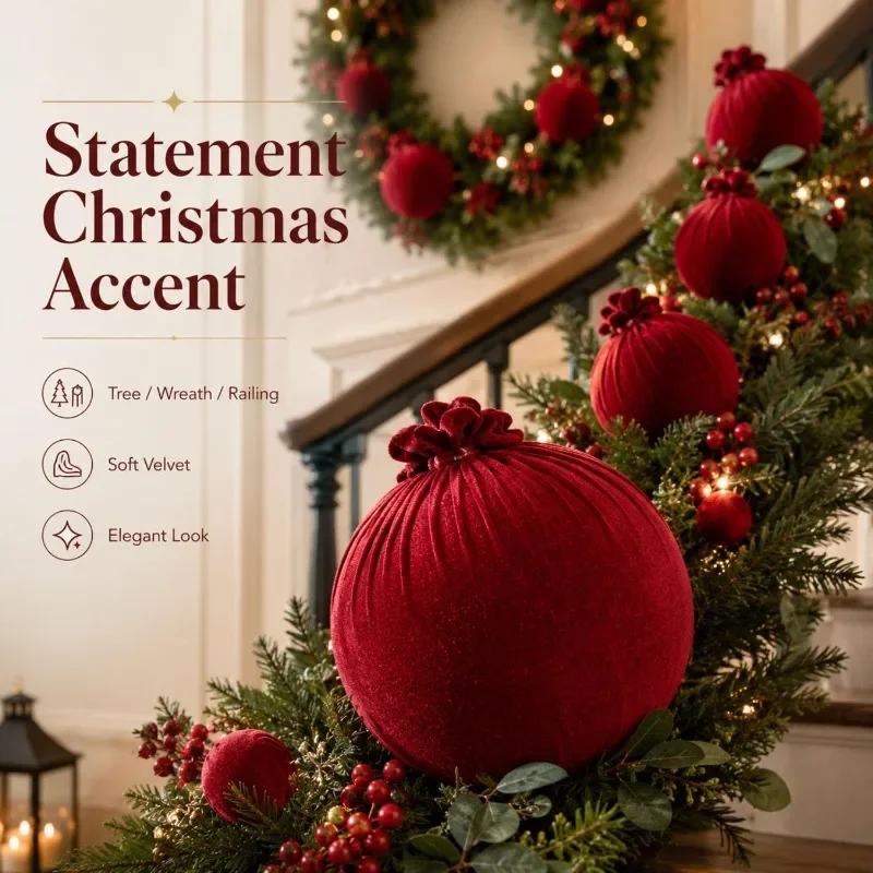8/10/15/20cm Red Velvet Foam Chirstmas Balls Set Round Hanging Xmas Ball for Christmas Tree Hanging Pendants Home Decor New Year