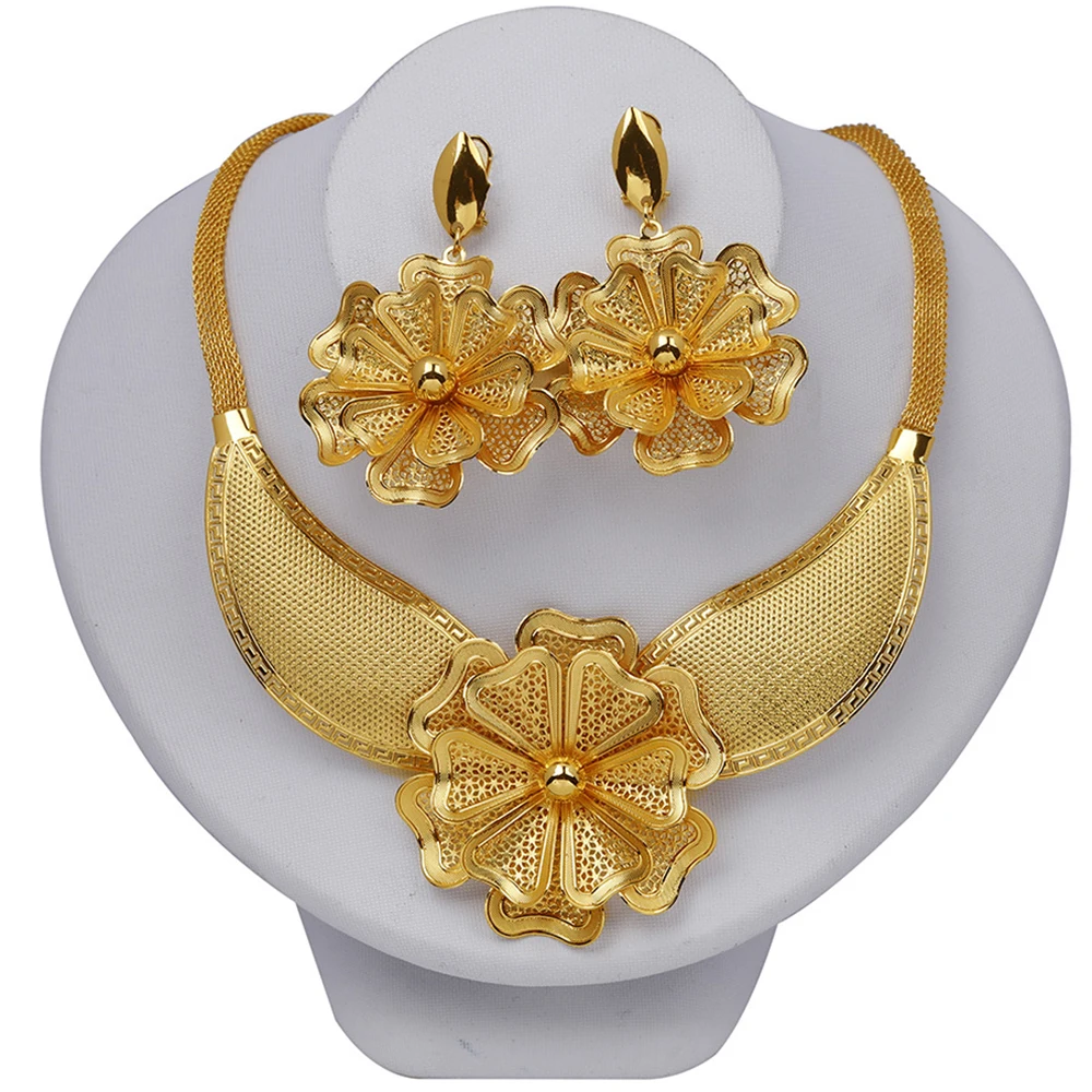 

Jewelry Dubai Necklace African Trendy Earrings Vintage Necklace Golden Color Earring Set Women Party Gifts Hot Sale Design