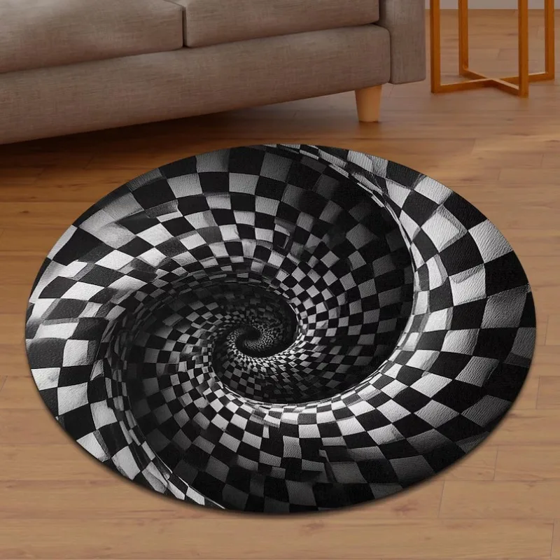 2D Optical Illusion Round Rug Soft Non-Slip Spiral Black White Checkered Pattern Carpet Modern Home Decor Floor Mat
