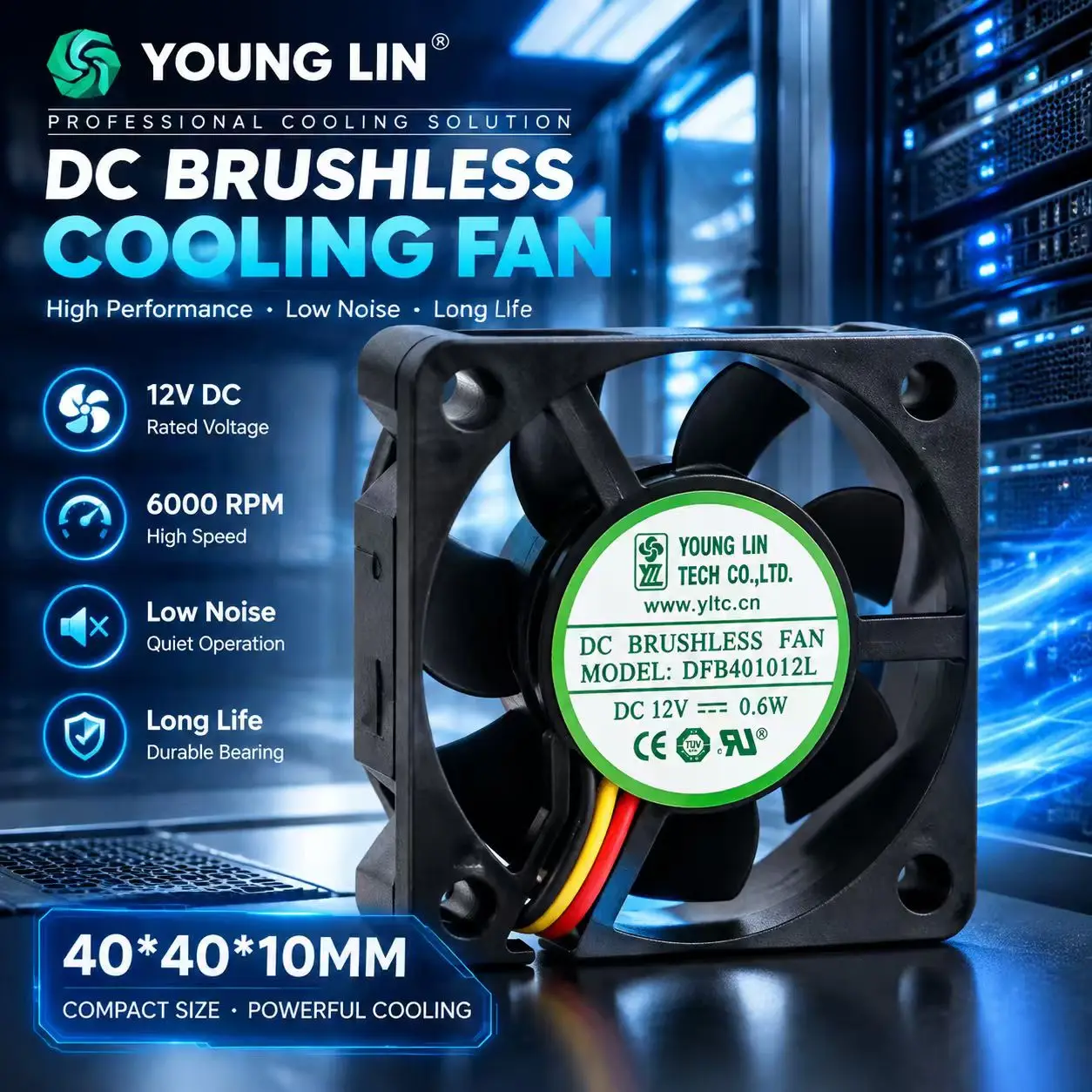 For YOUNG LIN DFB401012L DC 12V 0.05A 4010 40x40x10mm 3-Wire Dual Ball Bearing Silent Welder Server Inverter Chassis Cooler Fan