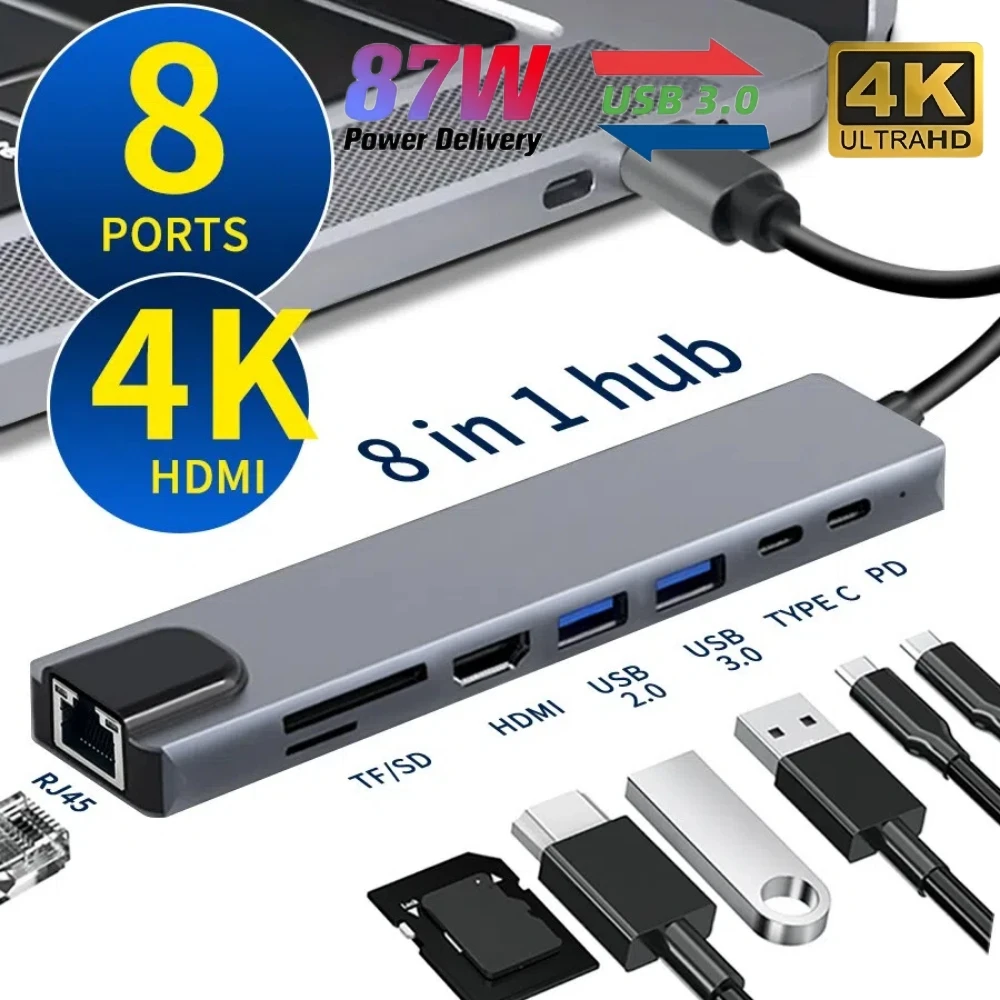 8 IN 1 USB C Hub Type C 3.1 To 4K HDMI Adapter with RJ45 SD TF Card Reader PD Fast Charge for MacBook Notebook Laptop Computer