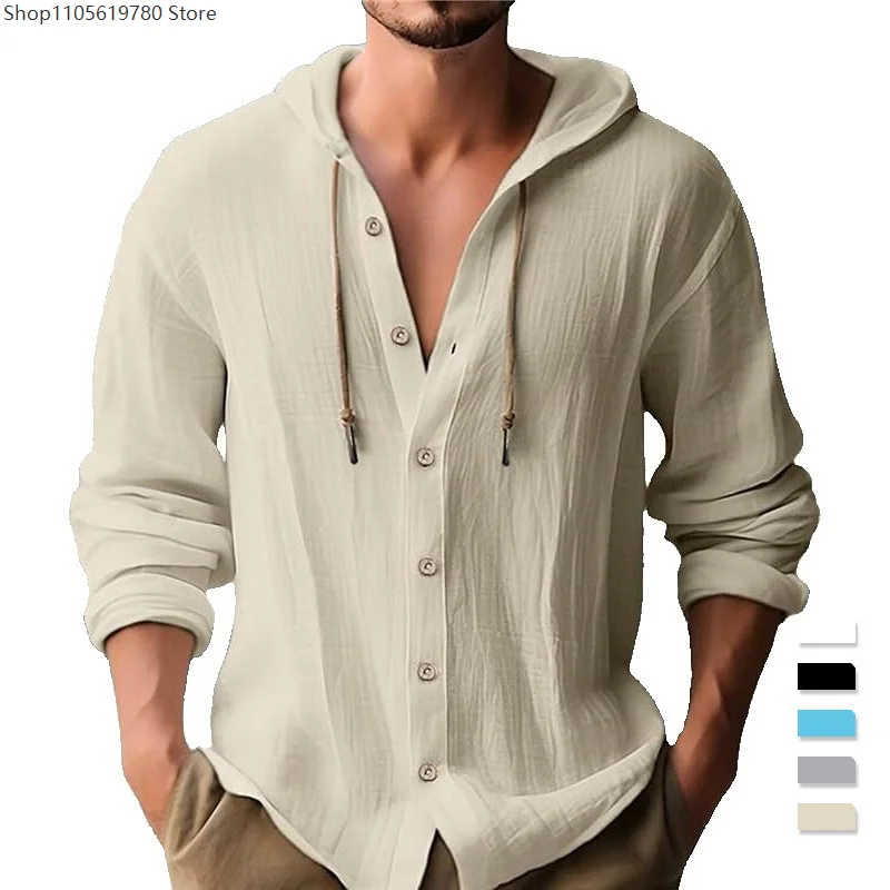 Cotton Linen Hood Shirt Long Sleeves Men's Casual Blouse Tops Button Loose Beach Holiday T Shirt Spring Summer Drawstring Tee