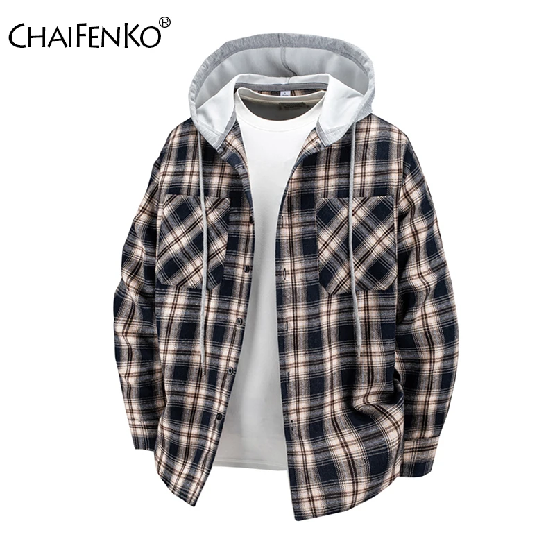 Men Street Fashion Hooded Plaid Shirt New Leisure Comfortable Shirt Jacket Spring Autumn Retro Versatile Two Pockets Men Tops