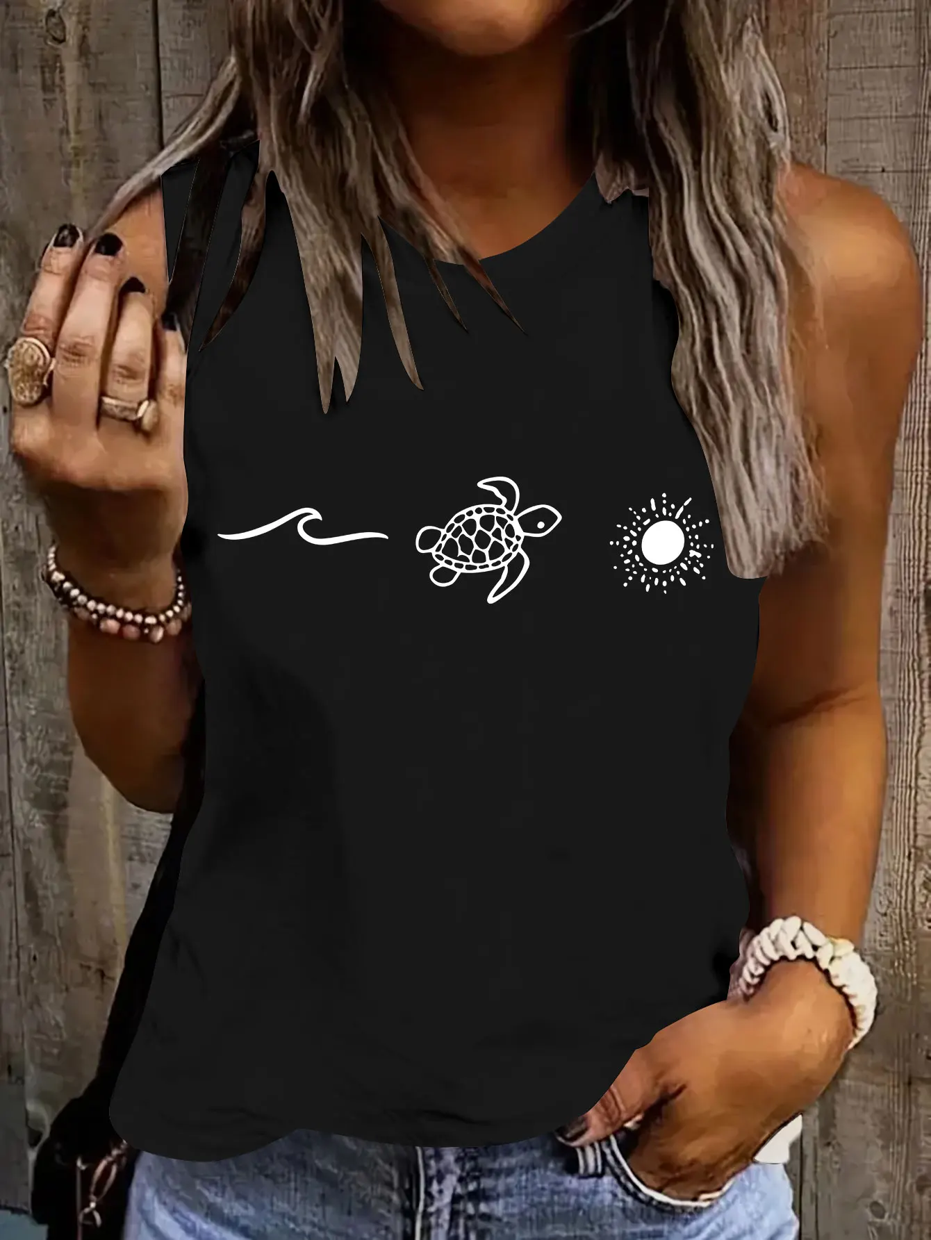 Damen Casual Ärmelloses Top - Sommer 2026 Neuer Stil. Einfache und modische, lässige ärmellose Weste mit Cartoon-Schildkröten-Print. – Detail 8