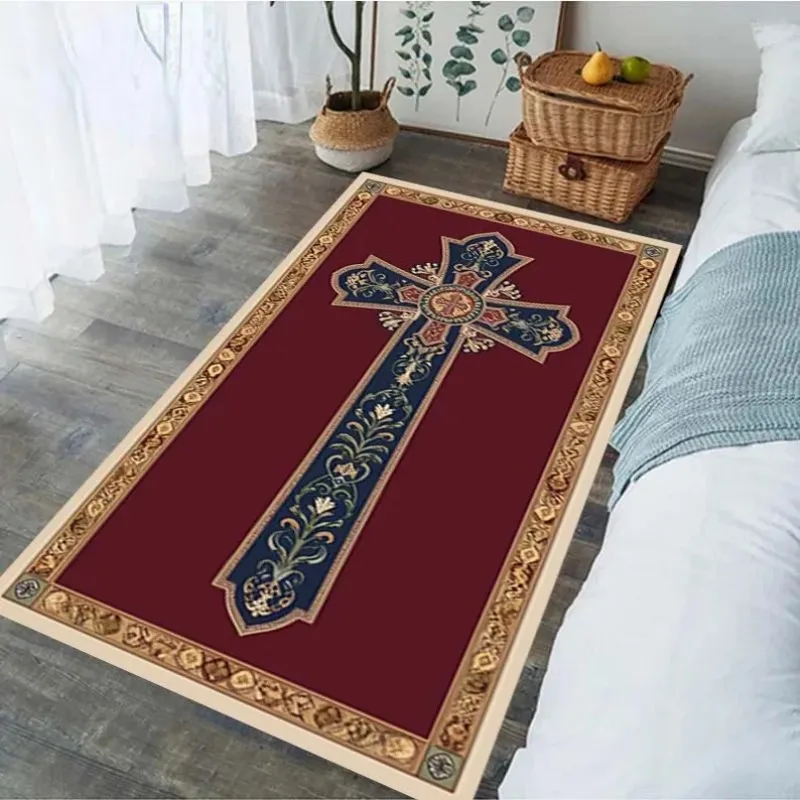 Christian Cross Decor Carpet Faith Inspired Printed Floor Mat for Living Room Bedroom Religious Home Decoration Prayer Rug