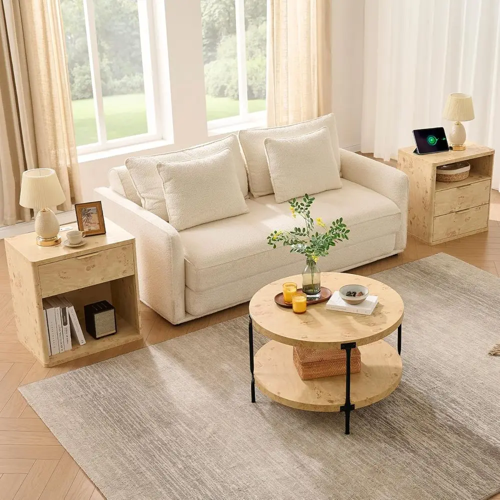 Natural Burl Wood 2-Tier Farmhouse Coffee Table, 29.1 Diameter x 18.3 Height