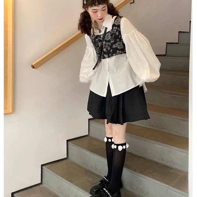 Dresses Korean Puff sleeve Loose Cute White Top Vintage 3-Piece Set Mini Skirt y2k Woman Bow Vest Spring New preppy style Sets