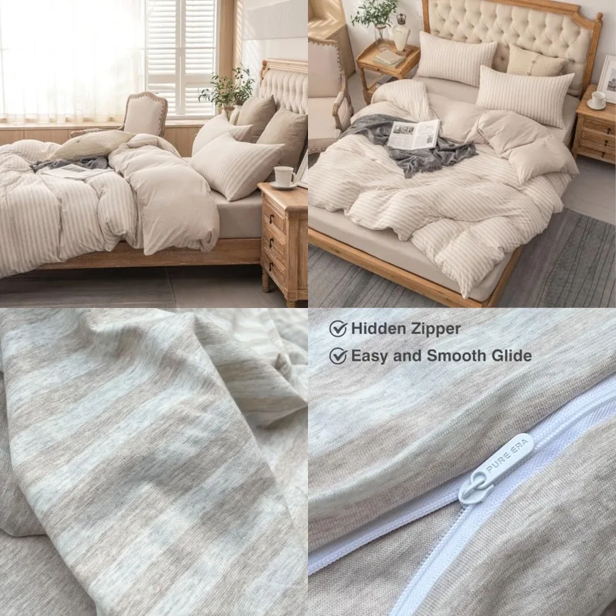 

Jersey Knit Duvet Cover Set 100% T-Shirt Heather Cotton Super Soft Comfy Classic Striped Design, with Zipper Closure, Heather