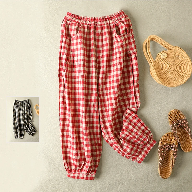 

Хлопковые и льняные клетчатые шаровары с высокой талией, свободные повседневные брюки-фонарики с манжетами, летние весенние женские повседневные брюки больших размеров