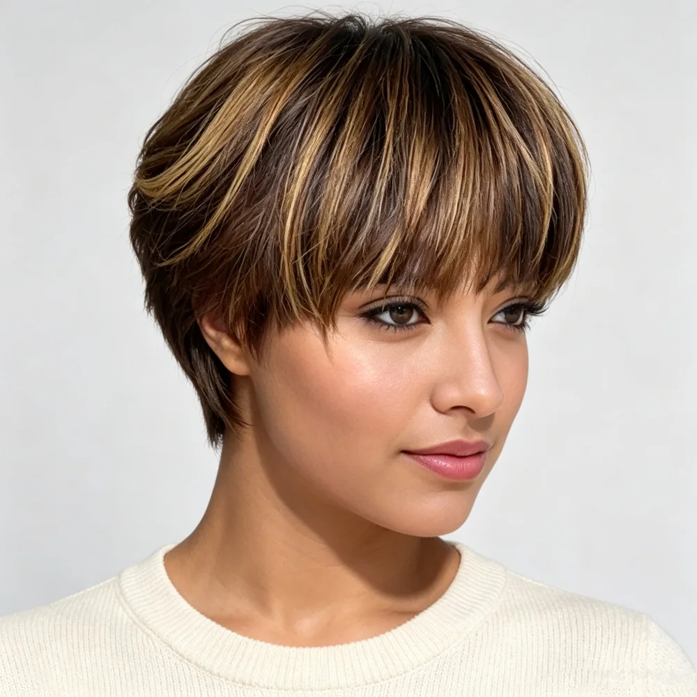 P427# Straight Human Hair Wigs Hair Mixed Colored Short Pixie Cut Wig Layered For Women Full Machine Made Wig