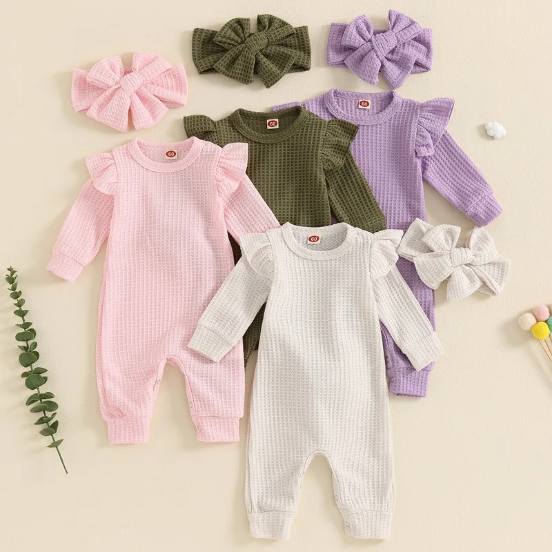 

Newborn Baby Girl Waffle Romper Fall Clothes Solid Color Ruffled Long Sleeves Round Neck Full Length Jumpsuit with Bow Headband