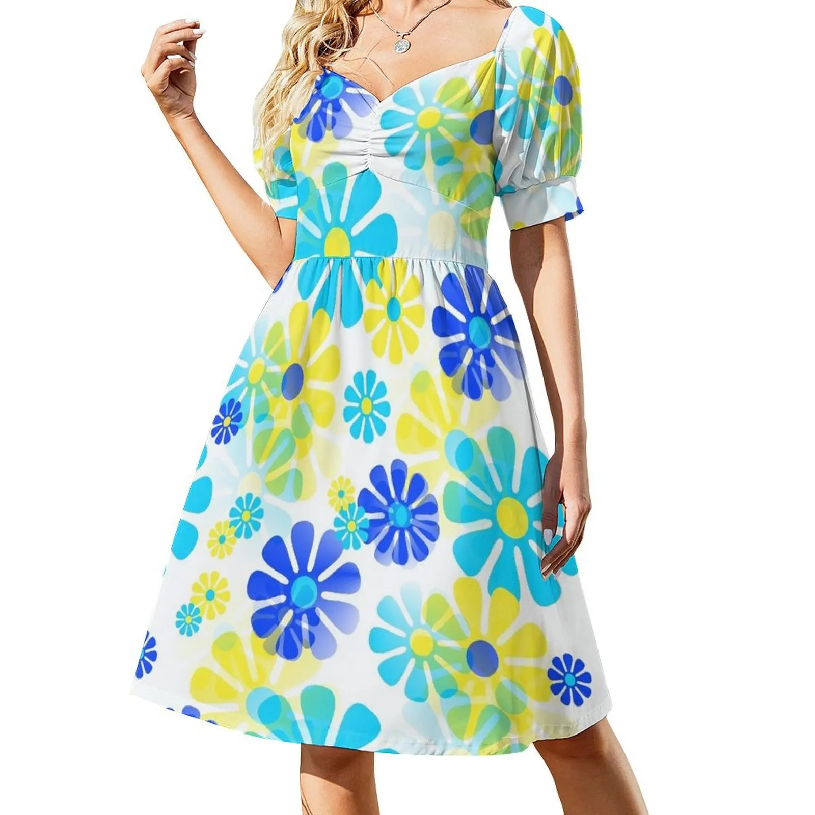 

60's Retro Groovy Mod Flowers in Yellow, Aqua and Blue Short Sleeved Dress sexy short dresses daring Dress