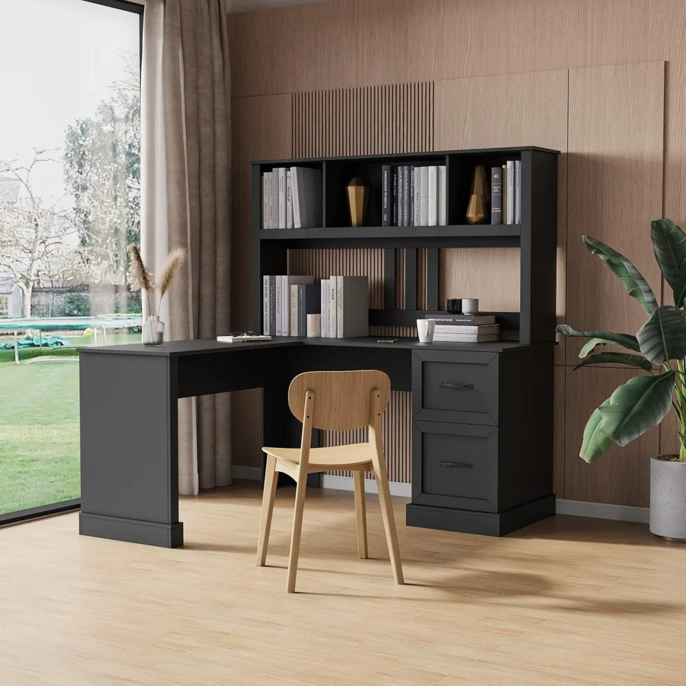 

L Shaped Desk,Computer Desk with Drawers,Bookshelf & Hutch,Modern Corner Desk L-Shaped Study Table with Storage Black