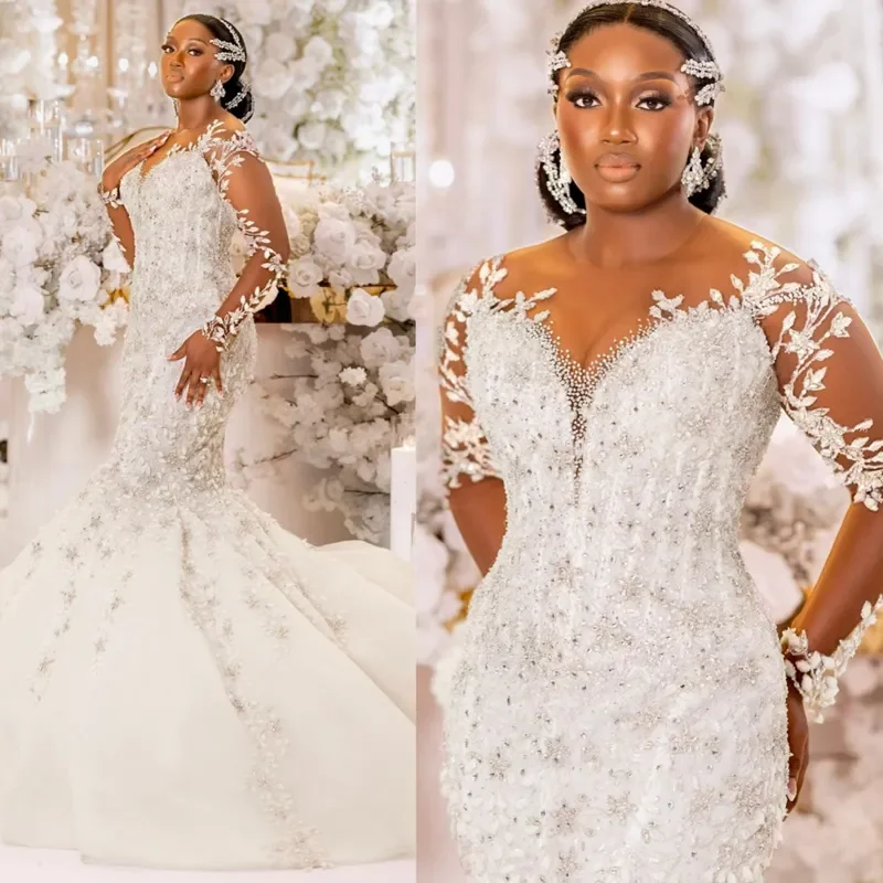 

Plus Size Wedding Dresses Sheer Neck Illusion Long Sleeves Tulle Lace Bridal Gowns for Women Mermaid Marriage Dress Customized