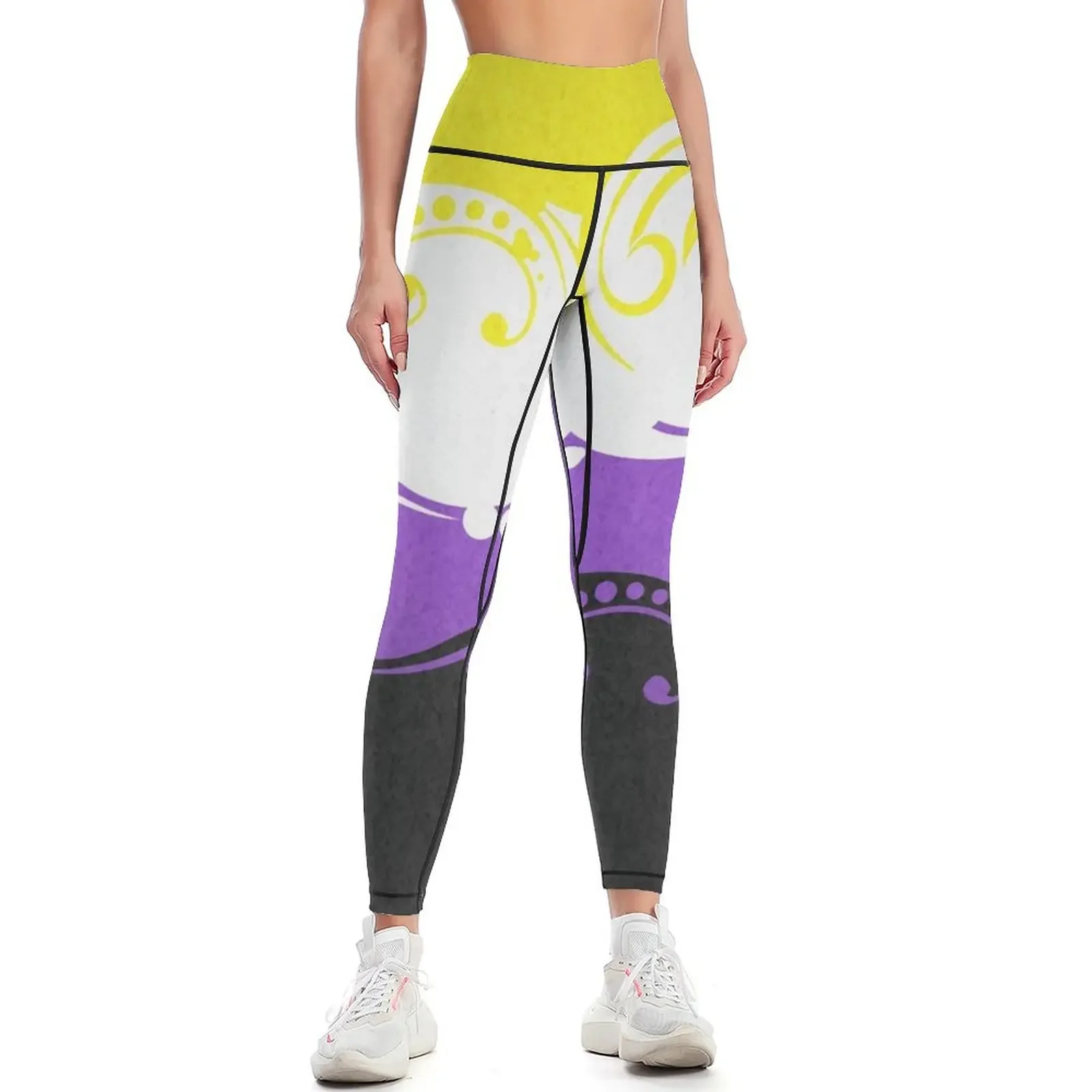

Fancy Swooped and Swirled Non-Binary Pride Flag Background Leggings Women's trousers Women's sports Womens Leggings