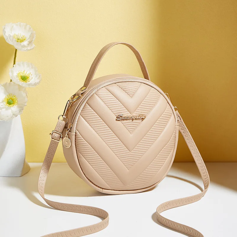 Solid Color Handheld Ladies Bags Small Round Bag 2024 New Fashion Versatile V-Pattern Diagonal Straddle Small Fresh Shoulder Bag