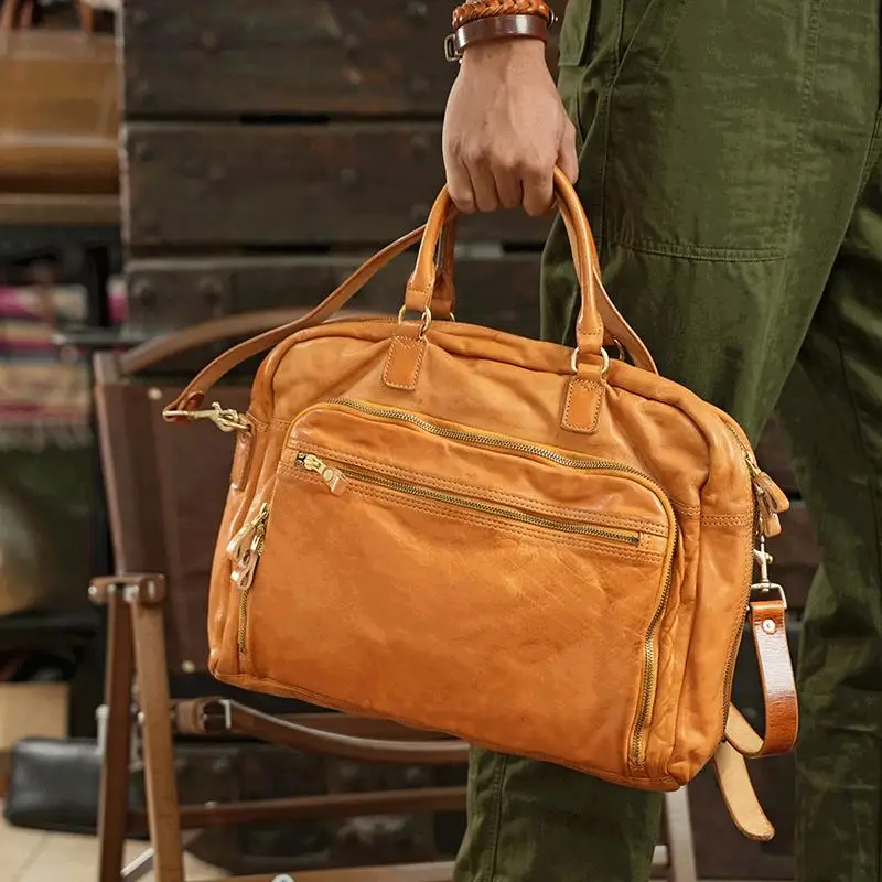 

Business vintage high quality first layer cowhide men's briefcase laptop handbag travel work genuine leather messenger bag