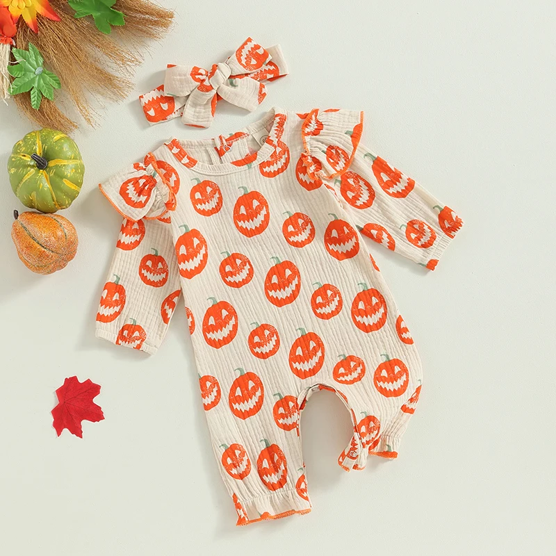 Baju monyet bayi balita perempuan Helloween, Jumpsuit kasual leher Crew, Jumpsuit lengan panjang, baju bermain motif labu, katun Linen, bando busur