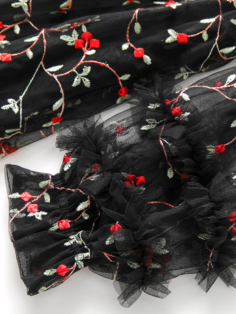 DSFACAIRIJ Women's Vintage Floral Embroidery Maxi Dress Stand Collar Lantern Sleeve Ruffles Appliques Mesh Autumn Female