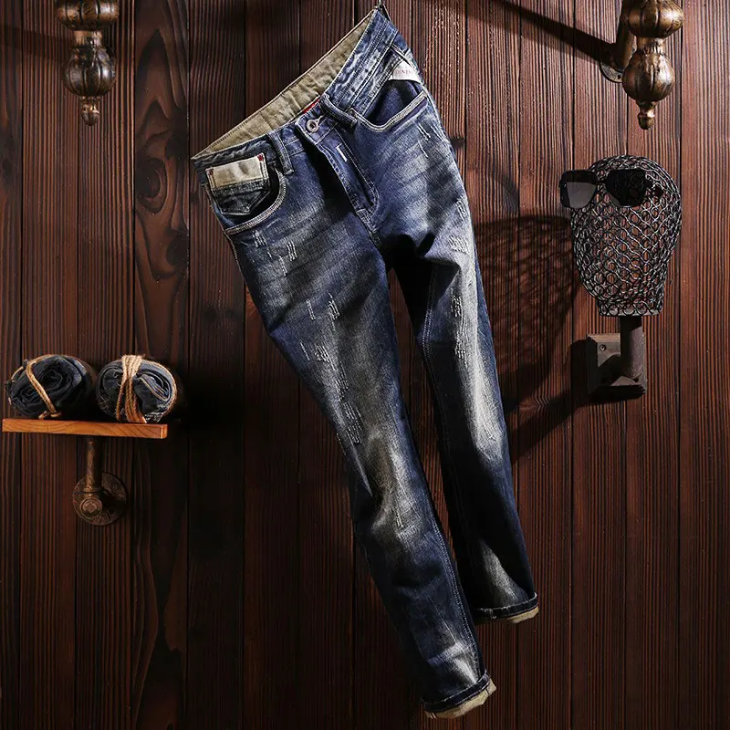 Street Fashion Men Jeans Retro Washed Blue High Quality Stretch Slim Fit Ripped Jeans Men Vintage Designer Denim Pants Hombre