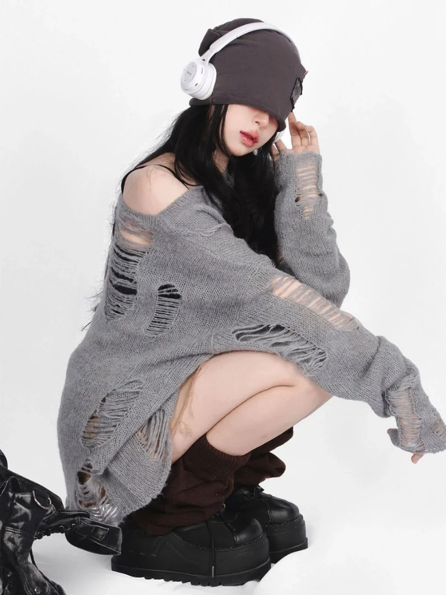 2023 Autumn New Fashion Ripped Pullovers Women Korean Baggy Chic Simple Knitted Sexy Smock Ulzzang Streetwear Vintage Sweaters