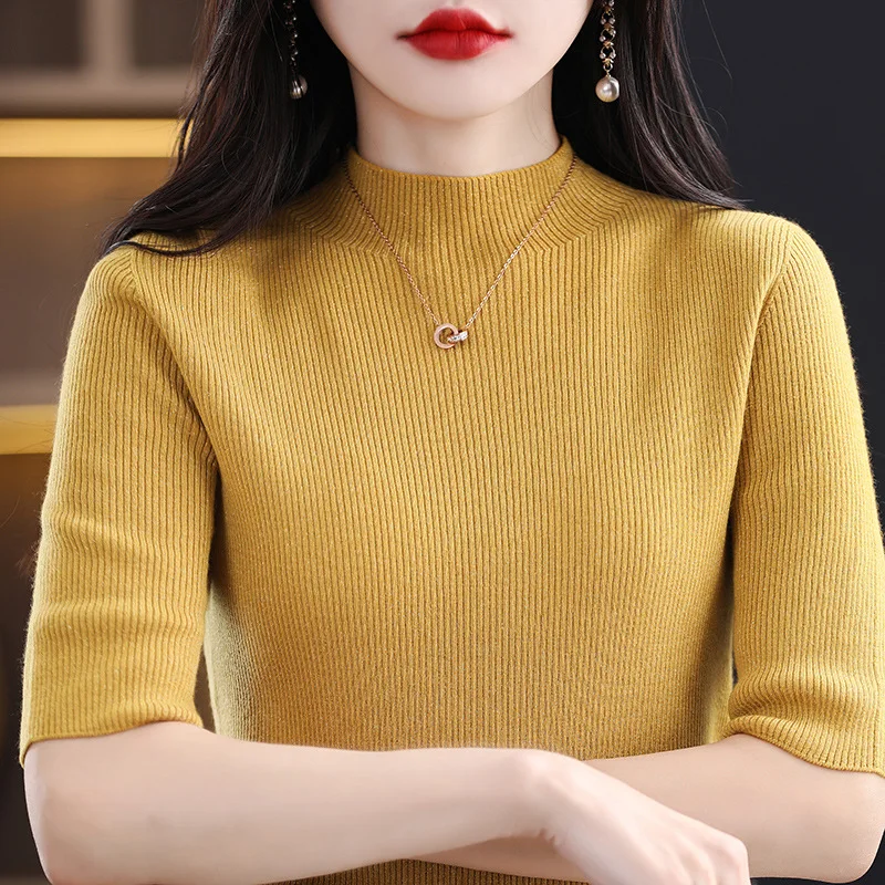 

Women's ort Sve Knitted Sweater f High Collar Overhead mid Sve Slim Fit Base irt Autumn 2023 Faion Ladies' Wear