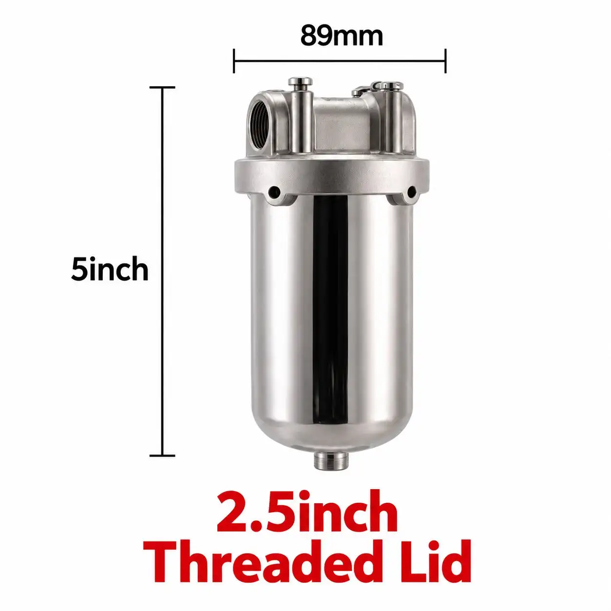 5 x 2.5 Inch Stainless Steel Water Filter Housing, Whole House Sediment Prefilter, DN15 DN20 DN25, Housing Only or with Filter