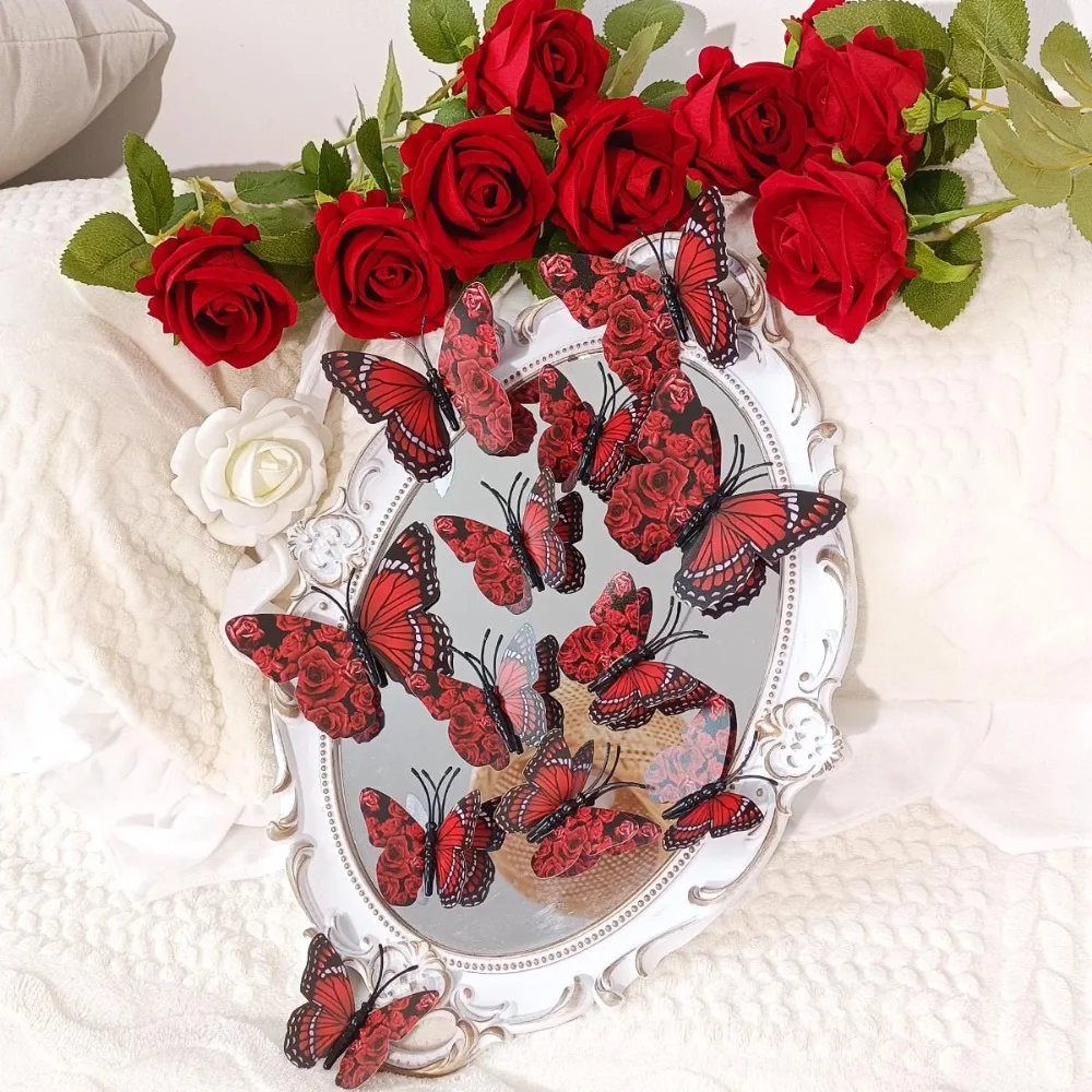 12pcs 3D Rose Butterfly Wall Stickers Double-Layer Self Adhesive Butterfly Wall Art DIY Gift Valentines Day Decals