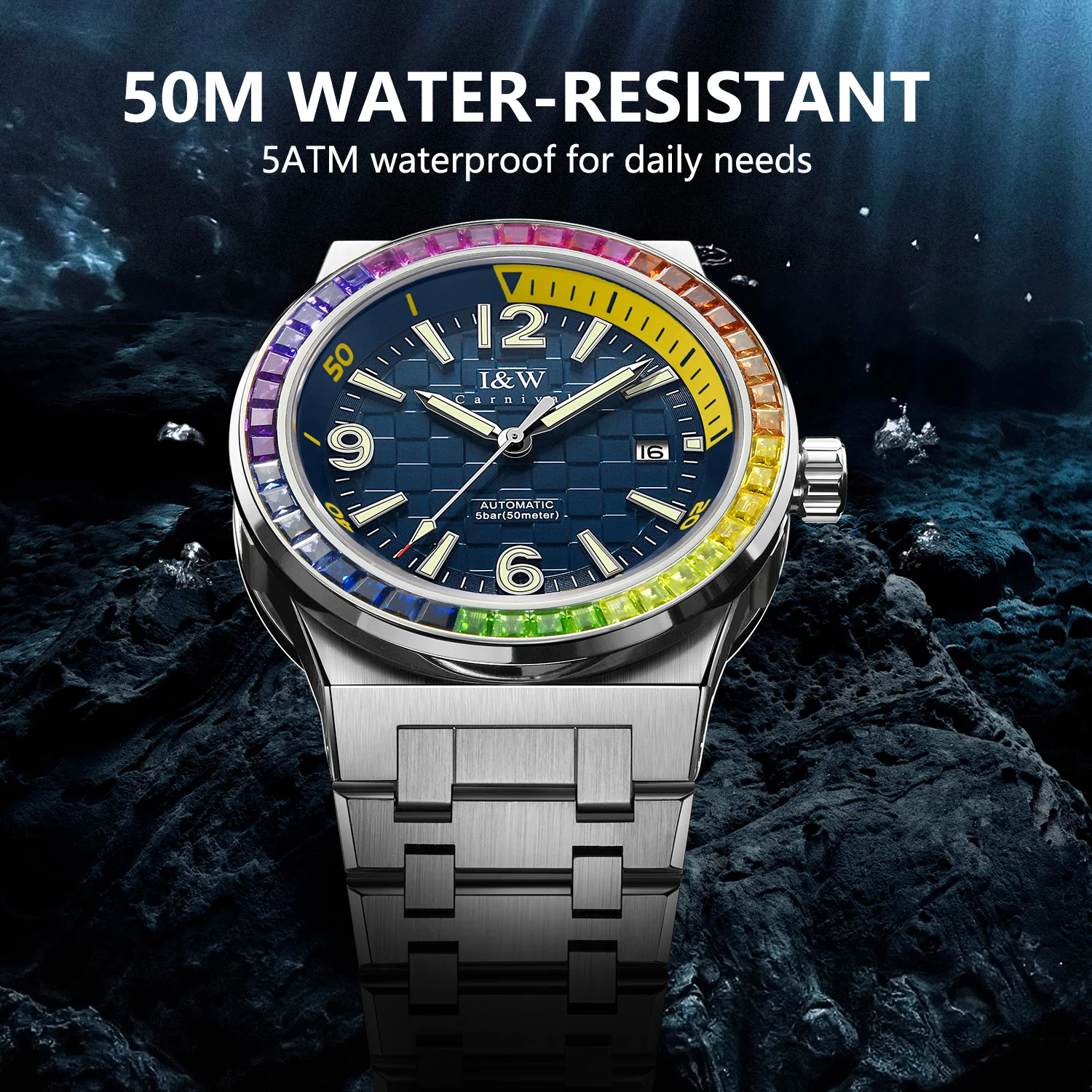 Men\'s Automatic Watch,42mm Luxury Mechanical Wristwatch Waterproof Sapphire Luminous Steel Strap Colored Diamond dial and Colore