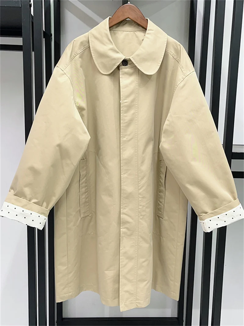 Ladies Polka Dot Print Curled Edge Long Sleeve Trench Coat Autumn/winter Women Solid Color Covered Buttons Mid-Length Jacket