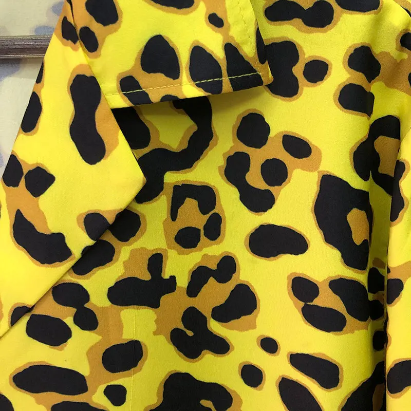 Men Yellow Leopard Color Contrast Print Shirt Short Sleeve Casual Shirt Streetwear Camisa Fashion Masculina Shirt Moda Hombre