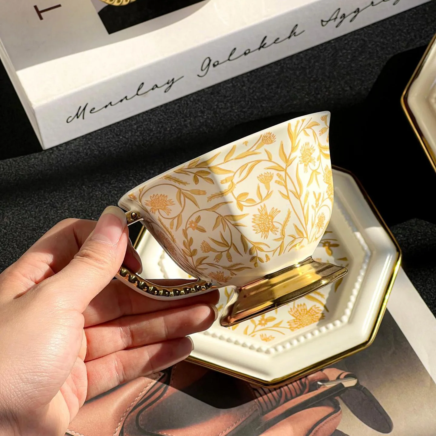 HYS retro gilt star anise coffee cup saucer exquisite fashion high value handpainted gold ceramic cup