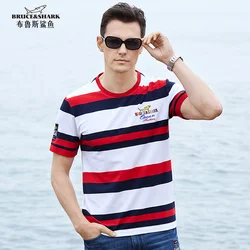 Summer New Men's Red Striped T Shirt Round Bruce&Shark Fashion Embroidery Causal Men's Tees Skin-friendly Lapel Polo Shirt Male