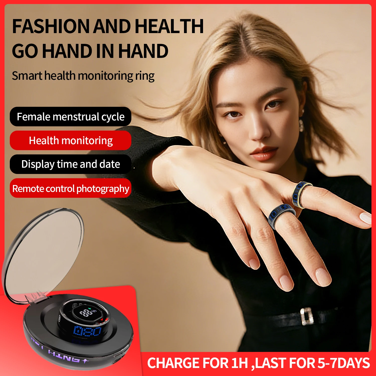 

Smart Health Ring Touch Control Heart Rate Blood Oxygen Sleep Monitor IP68 Waterproof Fitness Tracker Lightweight Titanium Women