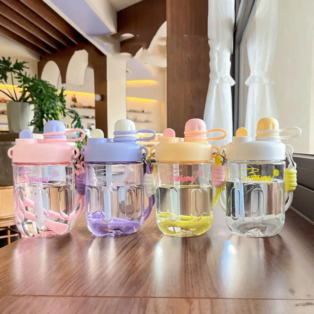 600ml Large Capacity Water Bottle Double Drinking Straw Leakproof Water Cup with Straw Fall Prevention with Lifting Rope