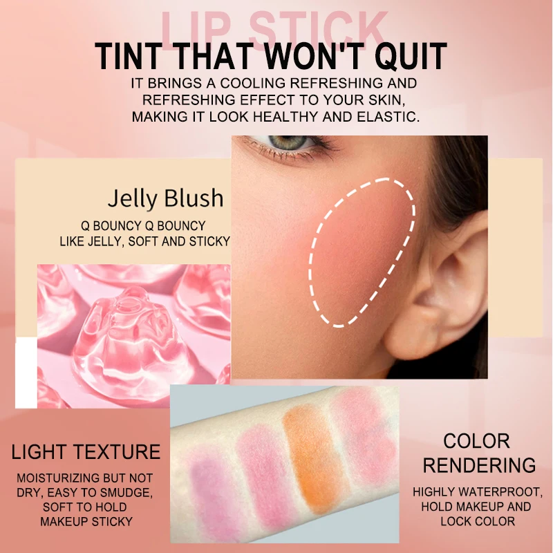 LOTTIEYA Cooling Water Jelly Blush ลิปสติก Tint Gel Bouncy Jelly เนื้อเบา Long-Lasting Blusher Mess-free Stick Blush