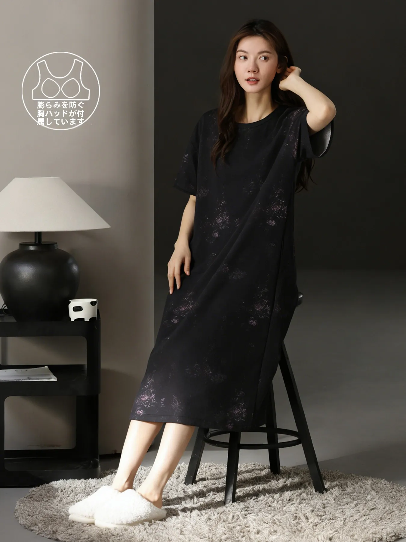 夏の純粋な綿半袖ミディスリープドレス女性の薄いホーム服スカートラウンドネックプリント快適な通気性のあるナイトガウン