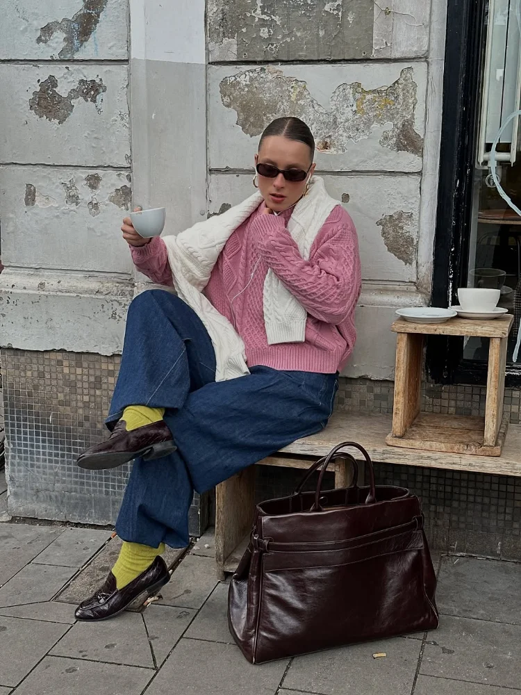 

Women Casual Pink Fine-knit Sweater Elegant Round Neck Long-sleeved Loose Kintted Pullovers Lady Fashion Daily Office Pullover