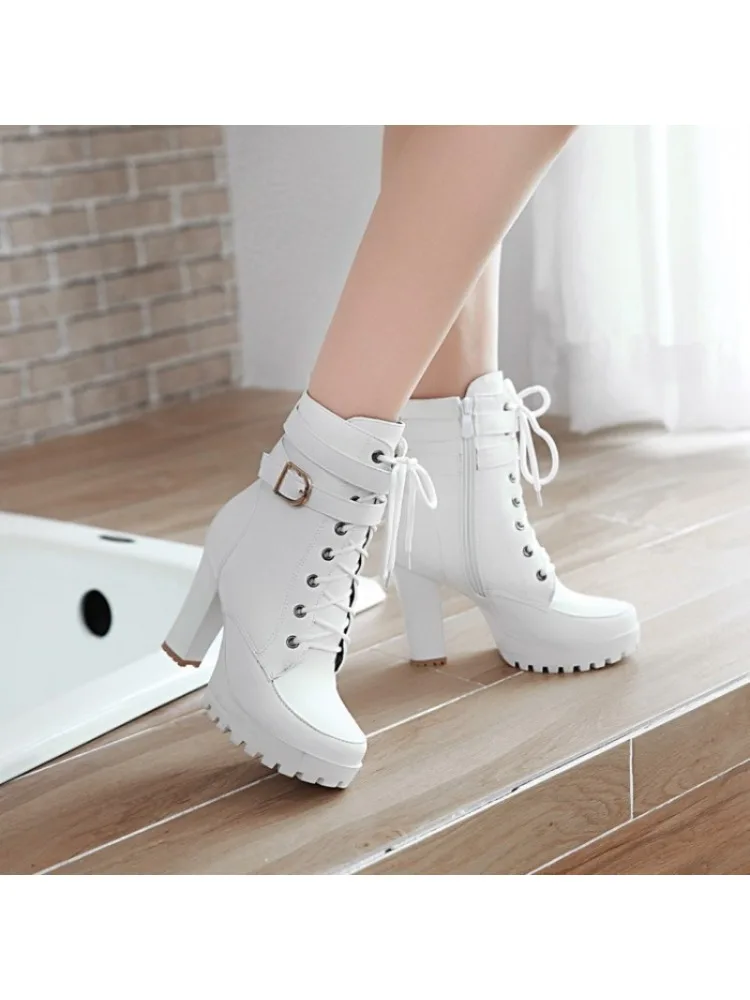Bottines à talons hauts pour femmes, chaussures à lacets, plateforme, grande taille, à la mode, blanc, noir, marron, automne-hiver