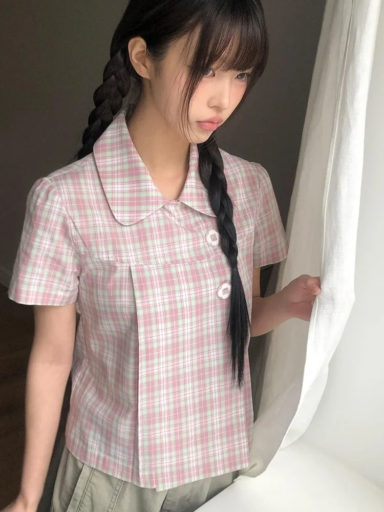 

Retro Japanese Style Doll Collar Shirt Elegant Floral Button Short Sleeve Cotton Polyester Women's Shirt Regular Fit Summer
