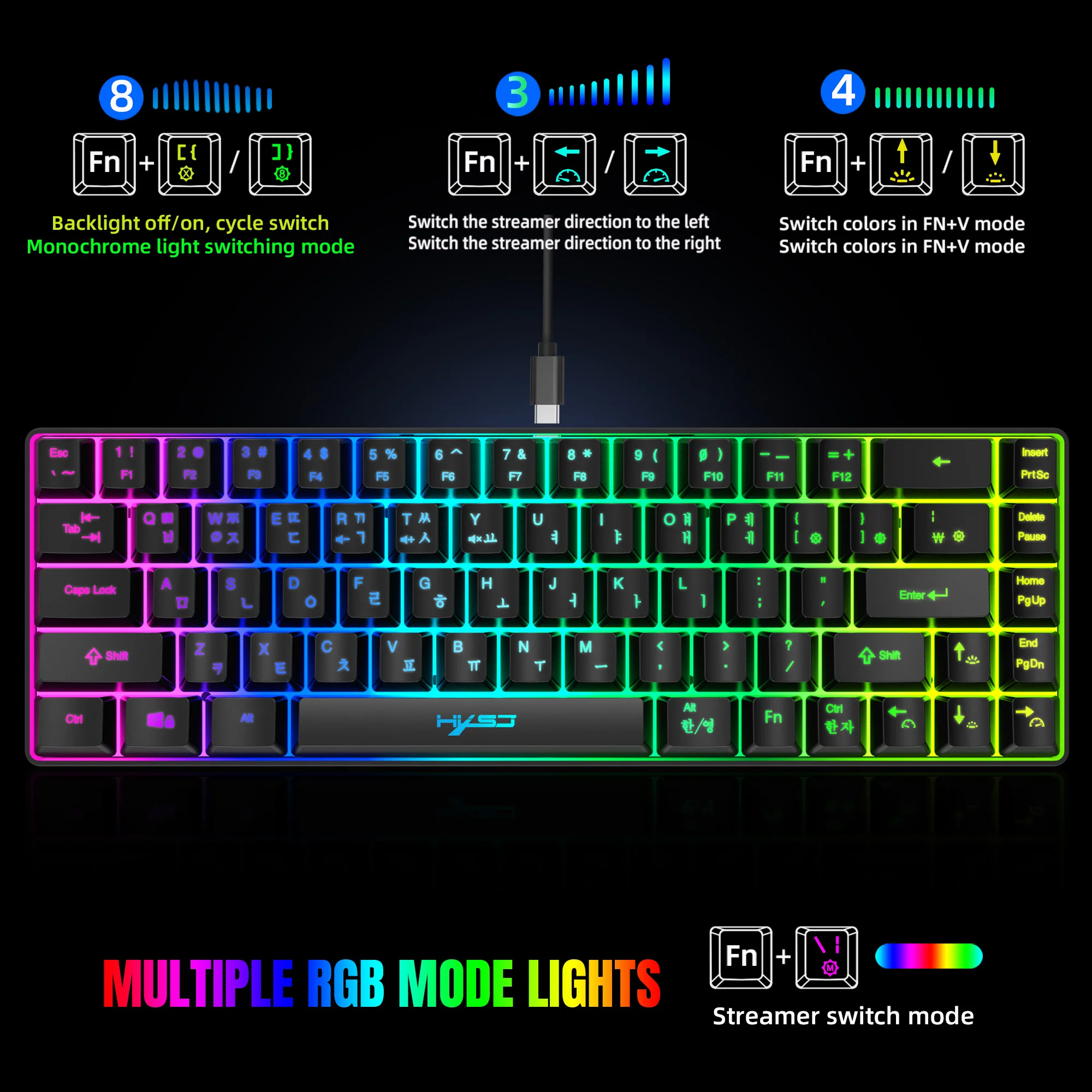 68 Keys Gaming Keyboard USB Wired Portable 20 RGB Backlight Korean Keyboard for Windows Laptops Computer