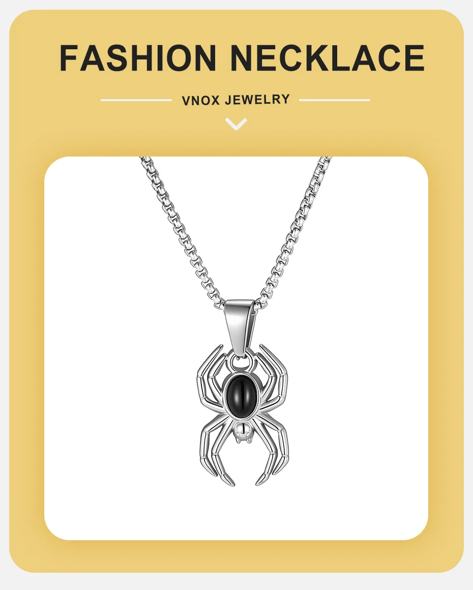 Vnox Spinnen-Anhänger Halskette für Männer, Edelstahl mit natürlichem schwarzem Achatstein, Tier-Halskette, Punk-Gothic-Schmuck Geschenk – Detail 1