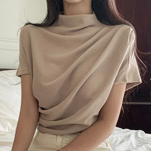 South korea Dongdaemun 2024 Summer New Elegant French sle Oblique Pile Pleat Small Turtleneck Slimming Short sleeve Top