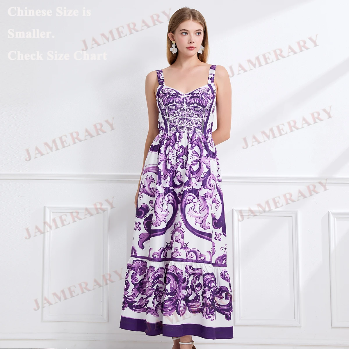 Sommer Floral Print Lange Kleider Frauen Strap Sommerkleid Lila Weiß Porzellan Druck Elastische Zurück Strand Maxi Kleid Mode Elegant