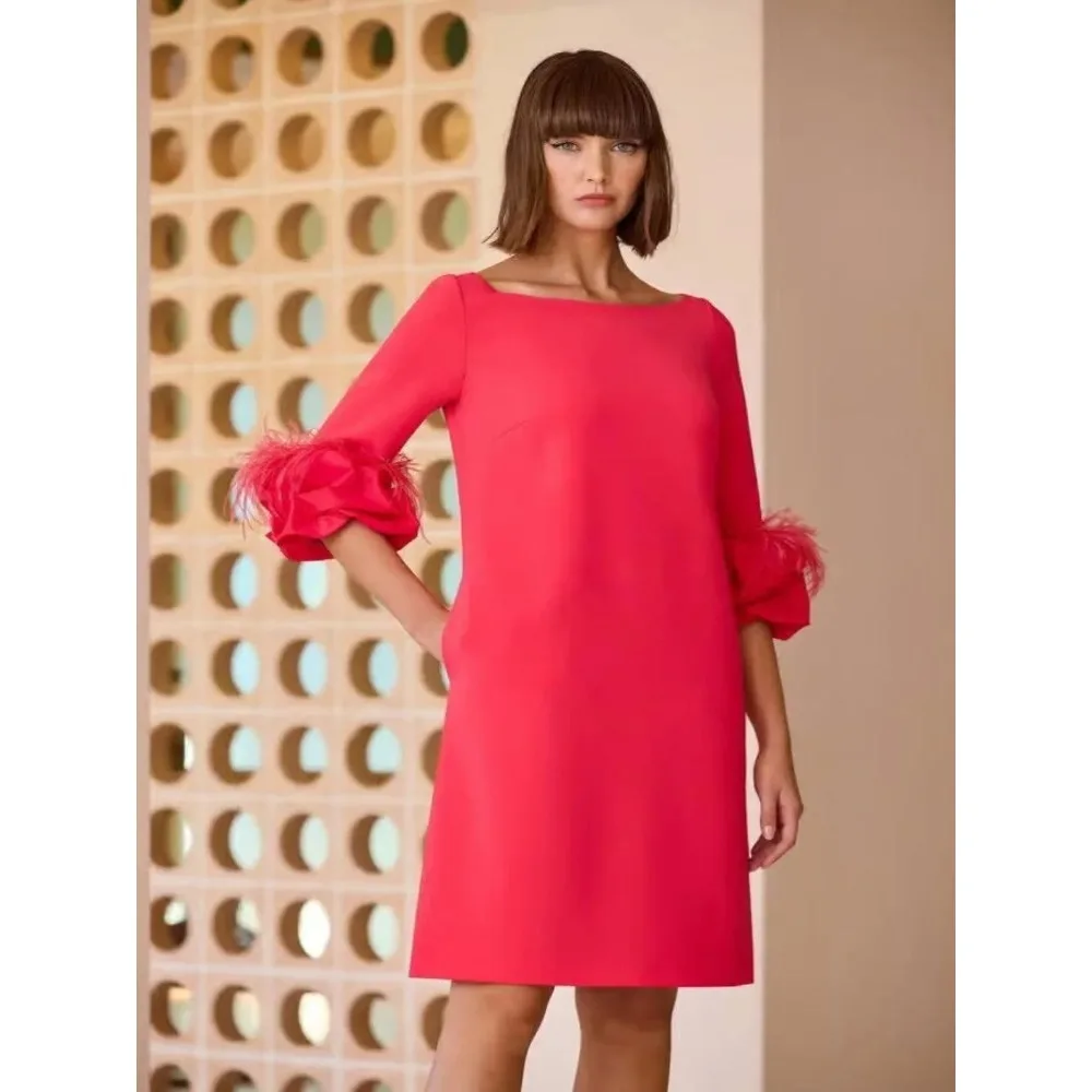 Vestidos de Noche Personalizados con Plumas para Madres de Novia 2026 para Mujer, Vestido Recto de Jersey para Boda, Vestidos Cortos de Fiesta de Graduación Fucsia
